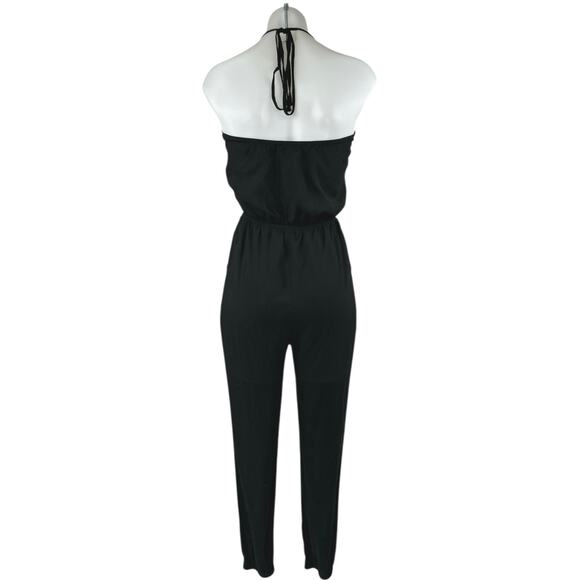 Lulus Learning to Fly Black Halter Sleeveless V Neck Faux Wrap Jumpsuit Size S - Picture 3 of 7